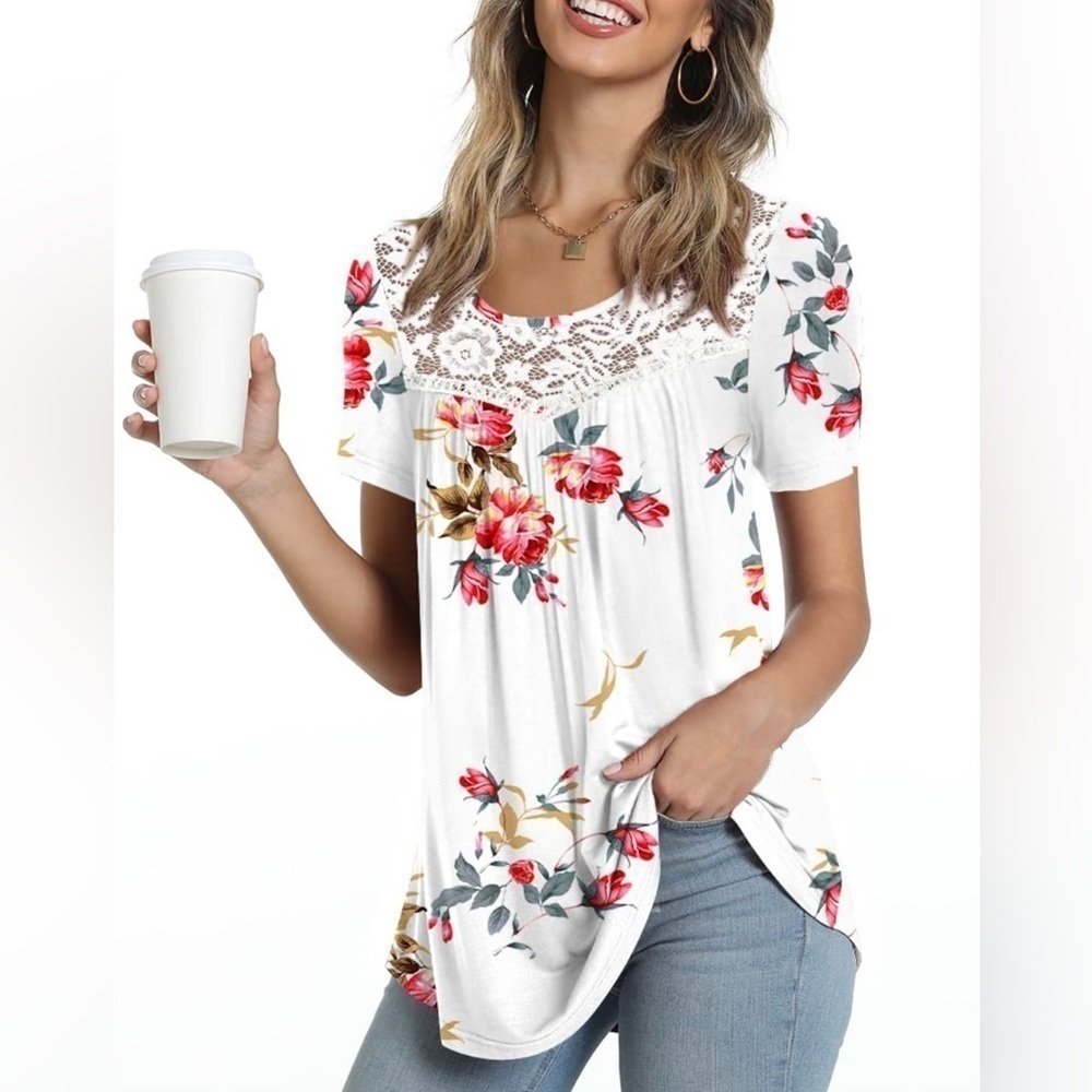Popyoung White Floral Print Short Sleeve Lace Tunic Top Women’s Size Medium
